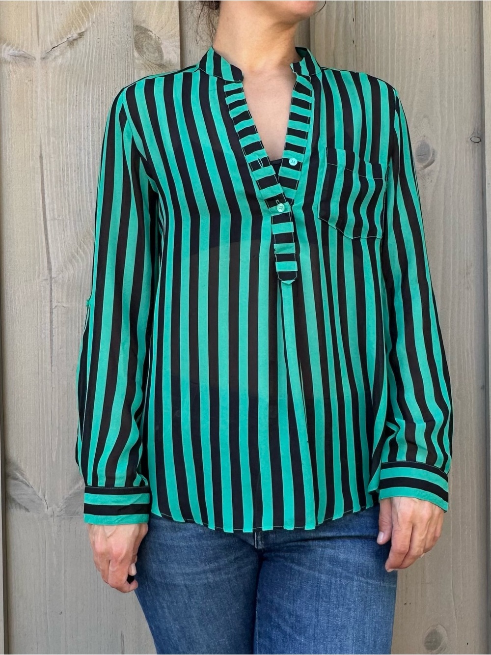 Lime Blue Striped Green and Black Button-Front Blouse